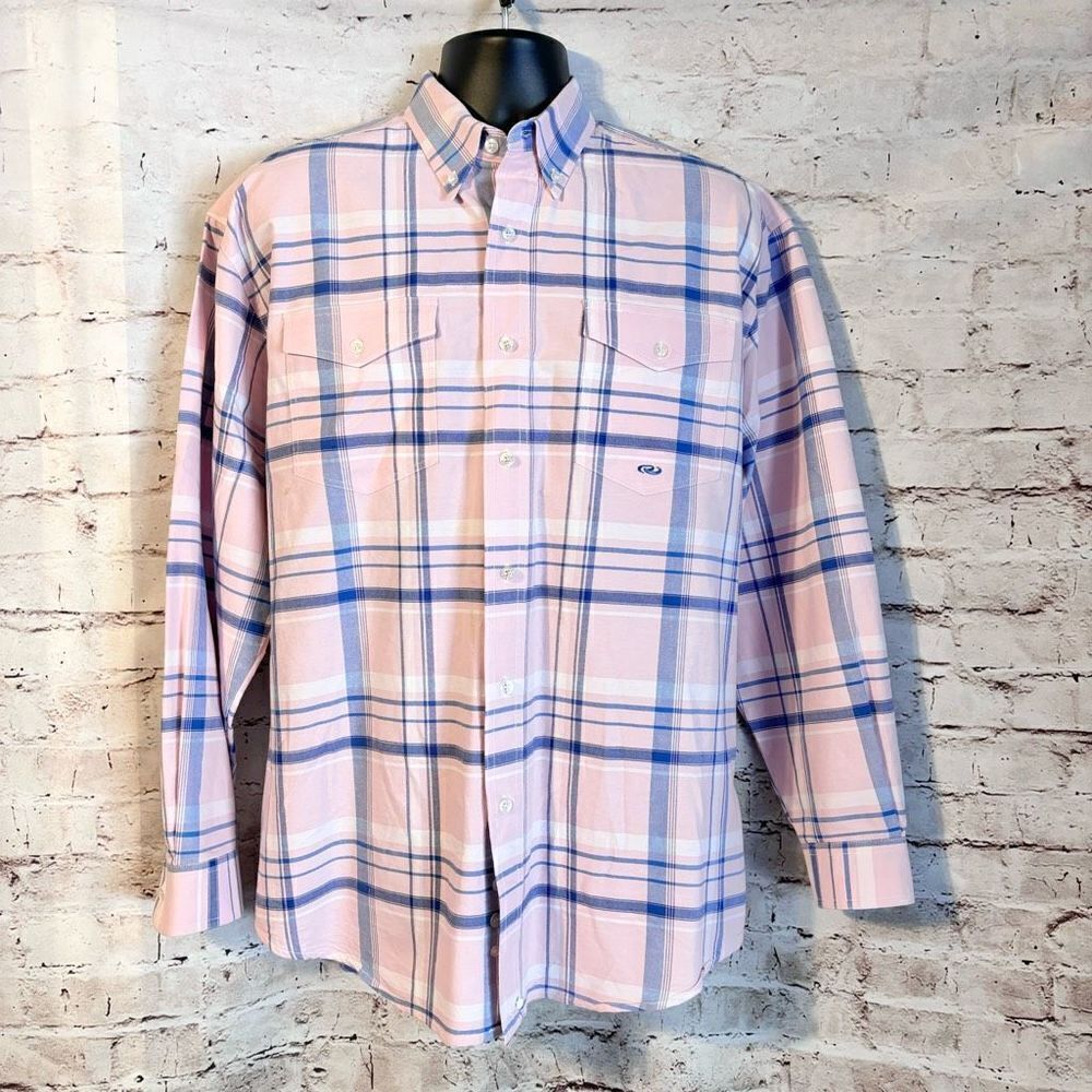 Roper Mens Long Sleeve Button Down Pink Blue Plaid Mid Weight Size Large